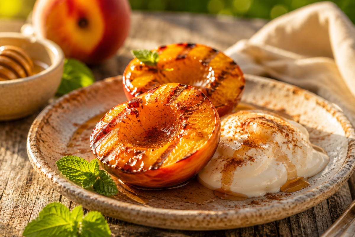 Grilled peach halves drizzled with honey and sprinkled with cinnamon, served on a rustic plate with yogurt on a summer table.