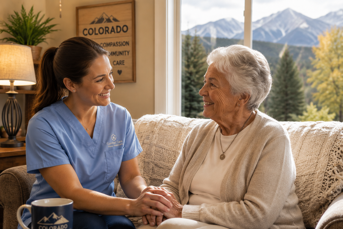 Caregiver sitting and talking with a smiling senior in a warm home environment, representing companion care and emotional support for older adults.