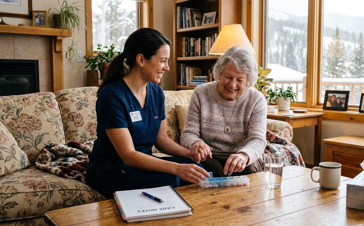 Caregiver assisting a smiling senior in a warm, comfortable home setting in Colorado, representing compassionate in-home care and support for aging adults.