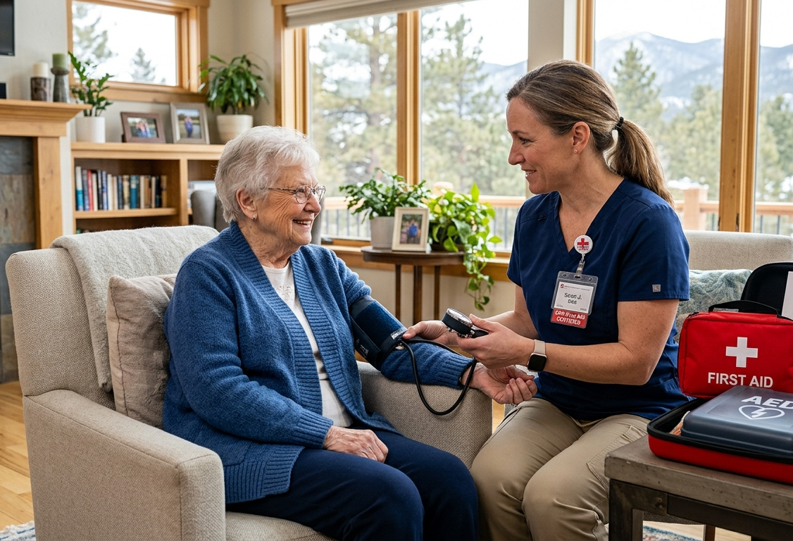 Professional home healthcare caregiver assisting an older adult at home with emergency preparedness equipment, representing Basic Life Support (BLS), CPR training, and compassionate senior care in Denver and Aurora, Colorado.