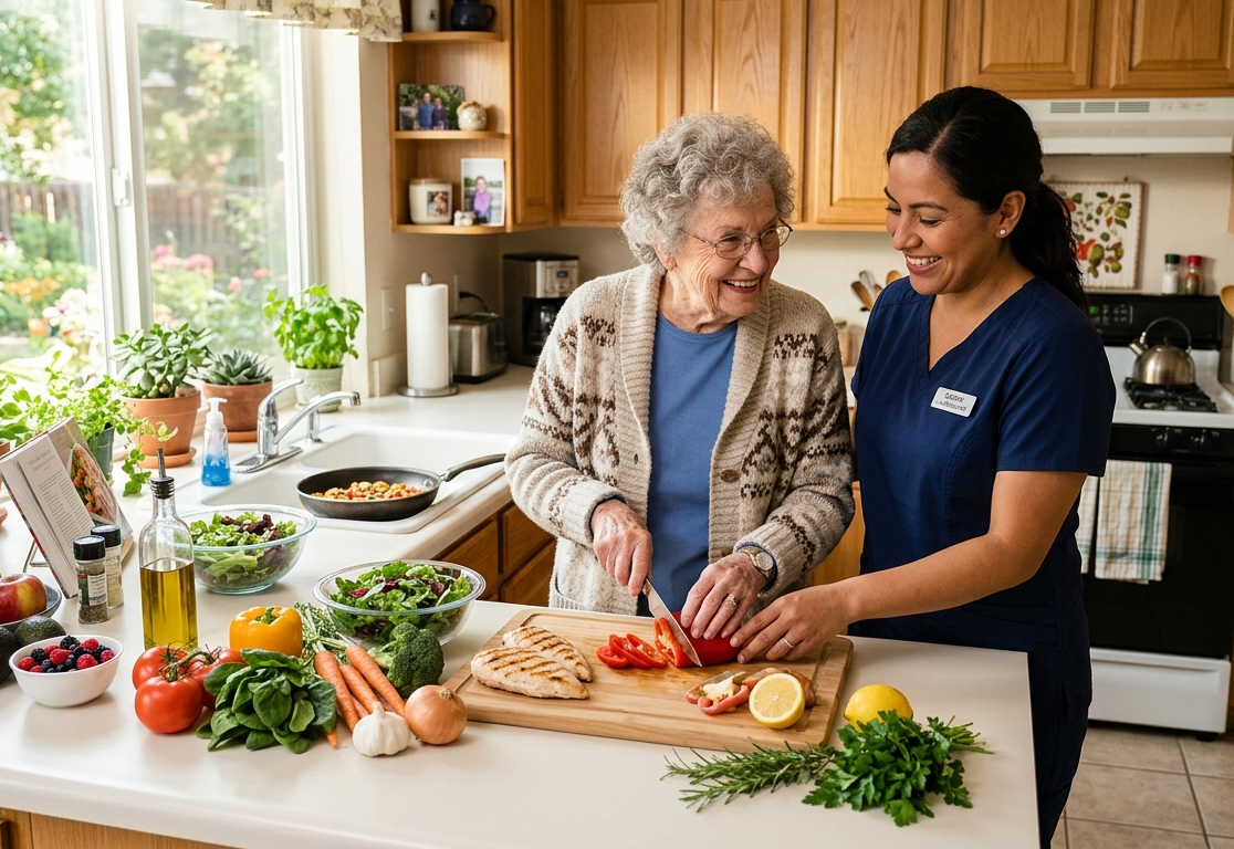 Caregiver helping an older adult prepare a healthy meal at home with fresh fruits, vegetables, and nutritious ingredients.