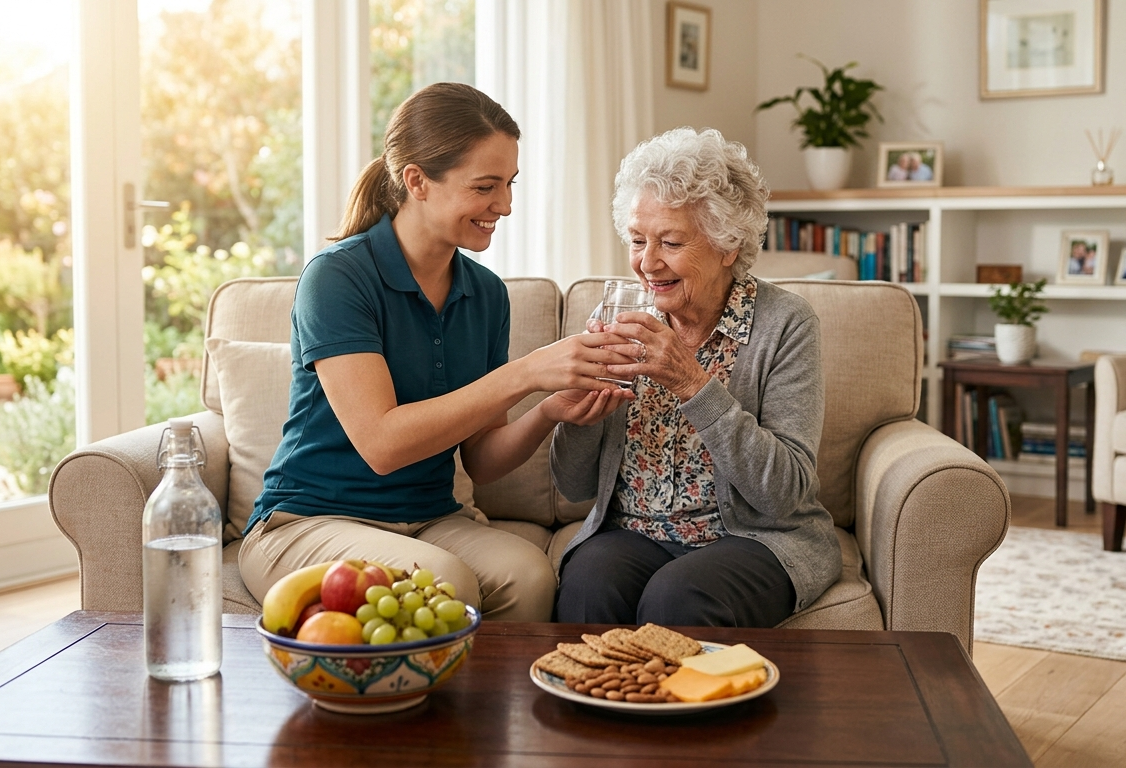 Caregiver offering a glass of water to an older adult at home to support hydration and prevent dehydration.