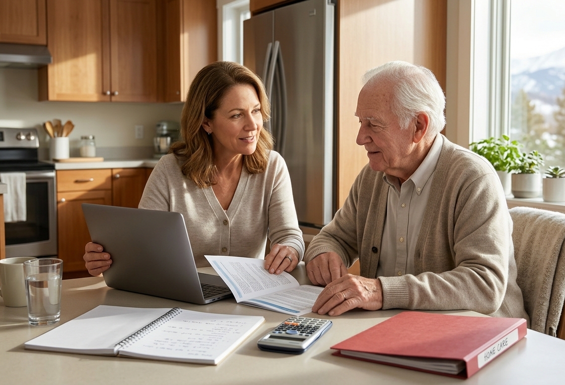 Family discussing in-home care costs and senior care options in Colorado