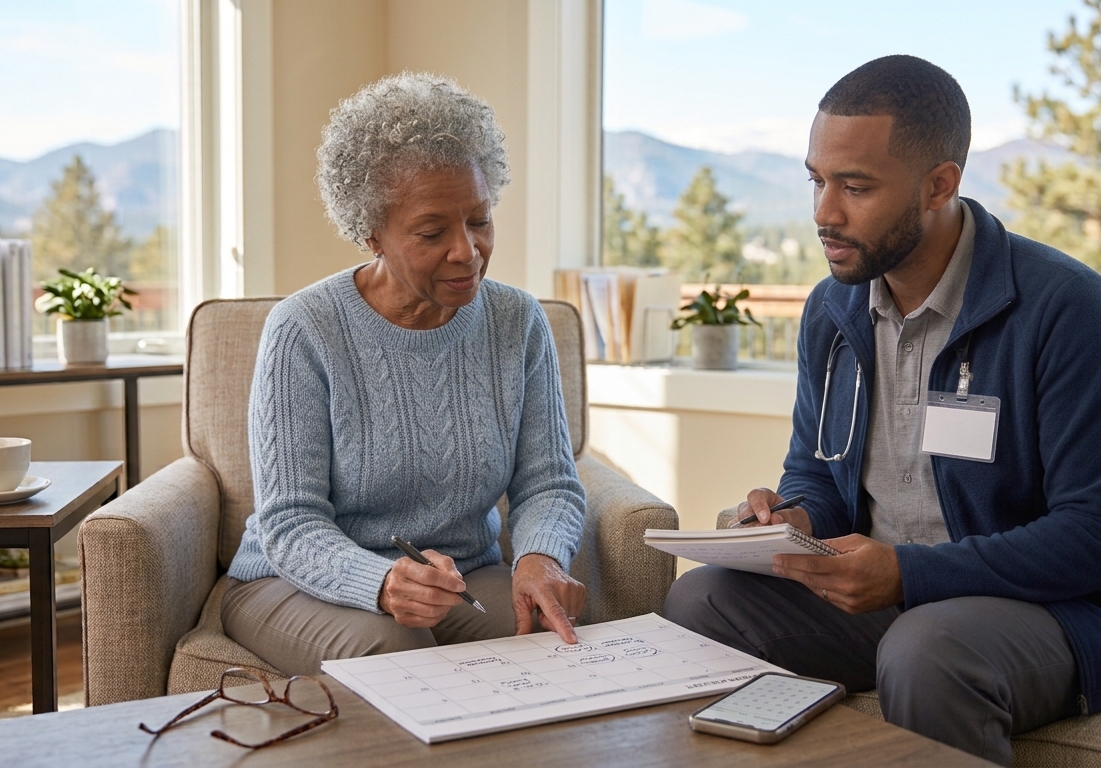 Senior attending a routine health screening with a healthcare professional