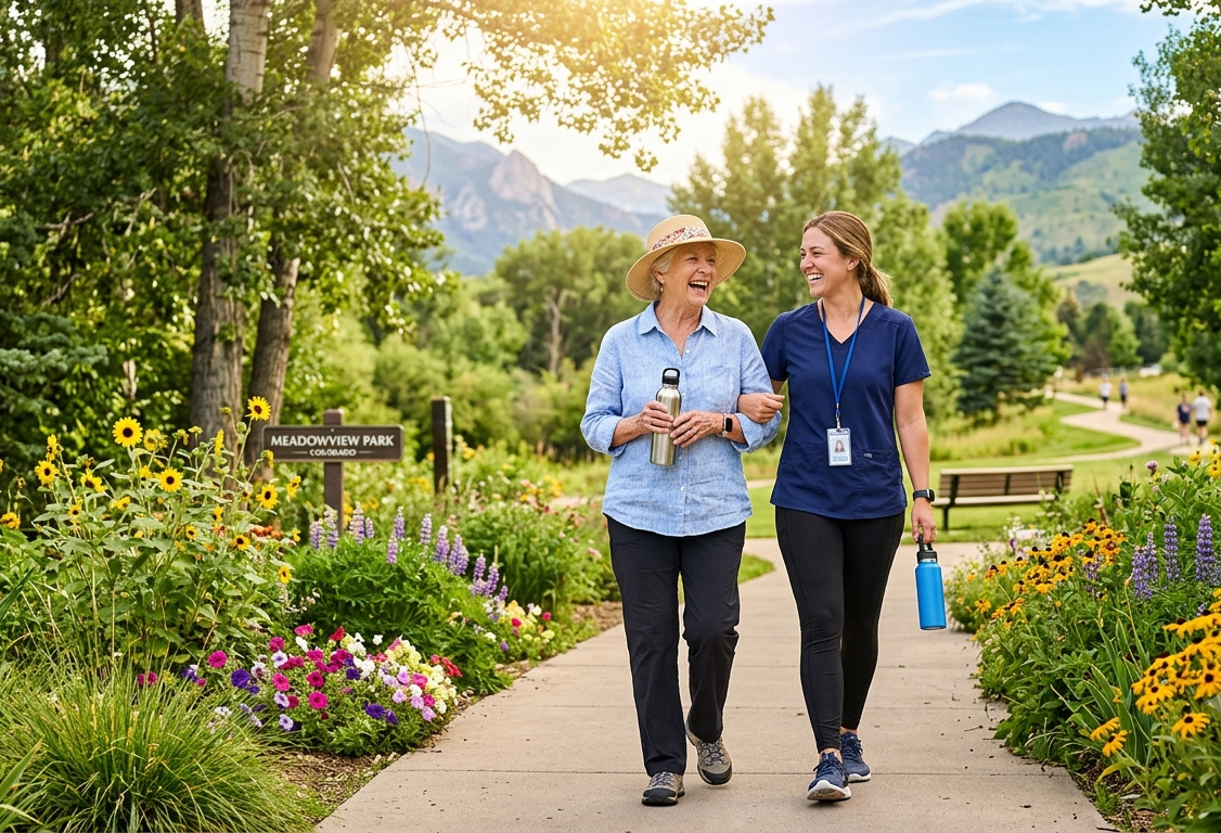 Older adult walking with a caregiver in a Colorado park during August while staying active and hydrated.