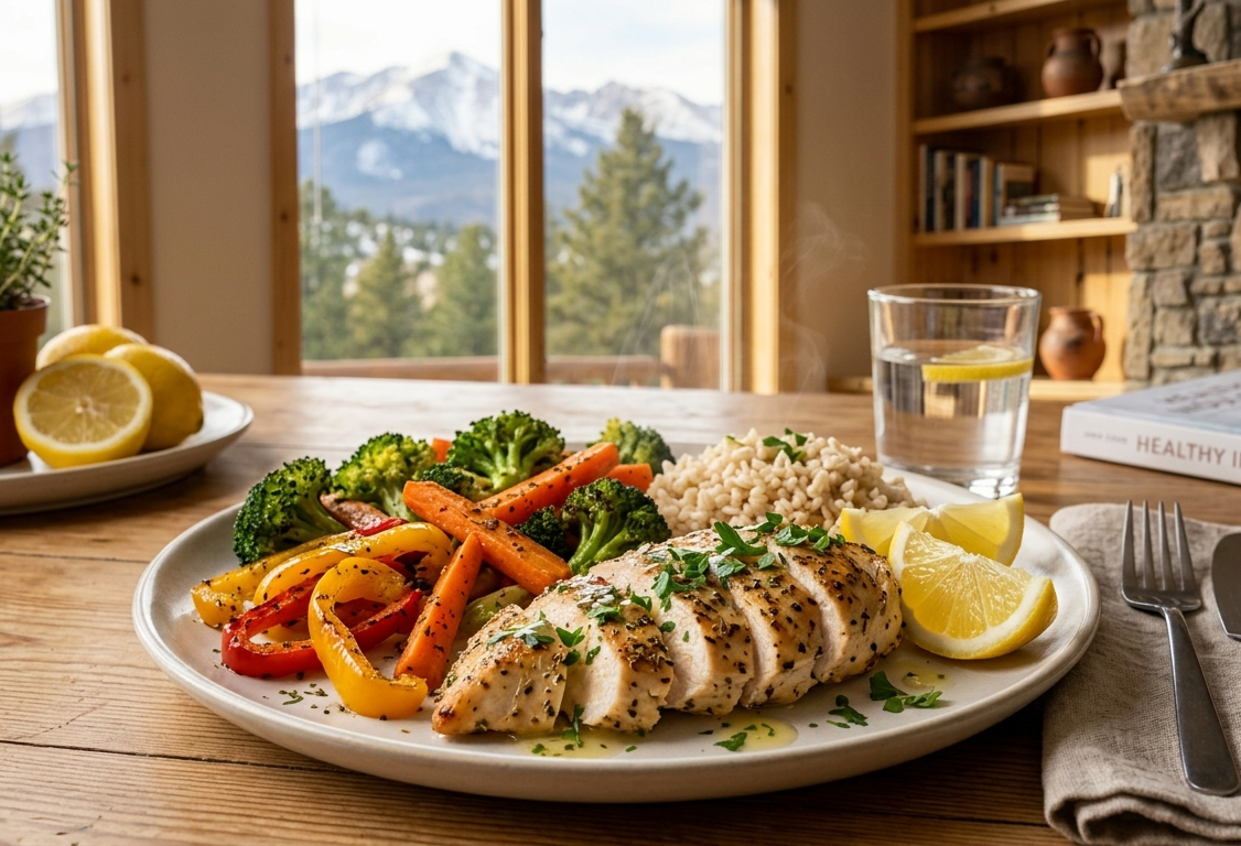 Healthy dinner for seniors featuring lemon herb chicken, roasted vegetables, and brown rice