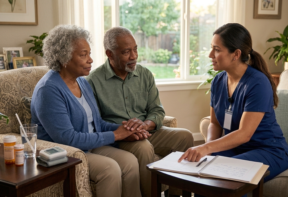 Older adult speaking with a professional nurse about memory and cognitive health at home