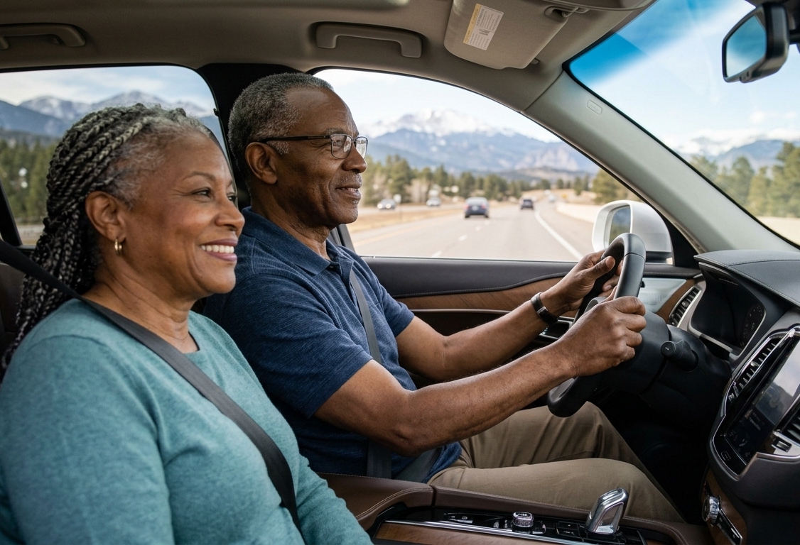 Older adult practicing safe driving on a Colorado road