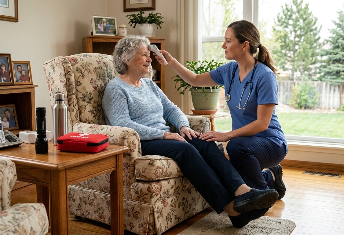 Senior receiving private duty skilled nursing care at home with safety items nearby