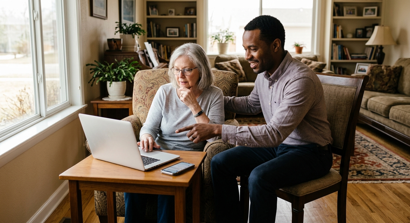 Older adult reviewing an online message with a trusted caregiver to identify potential scams