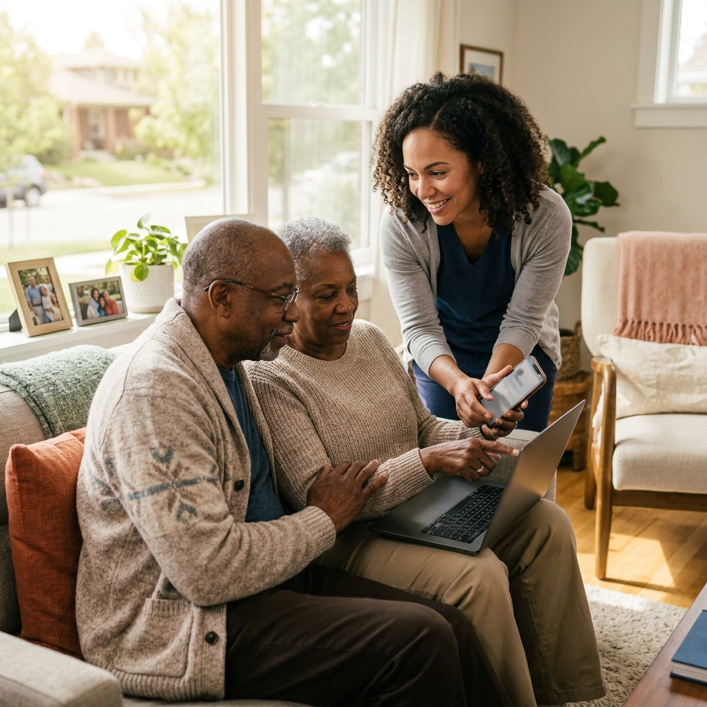 Older adult learning online safety with help from a trusted caregiver