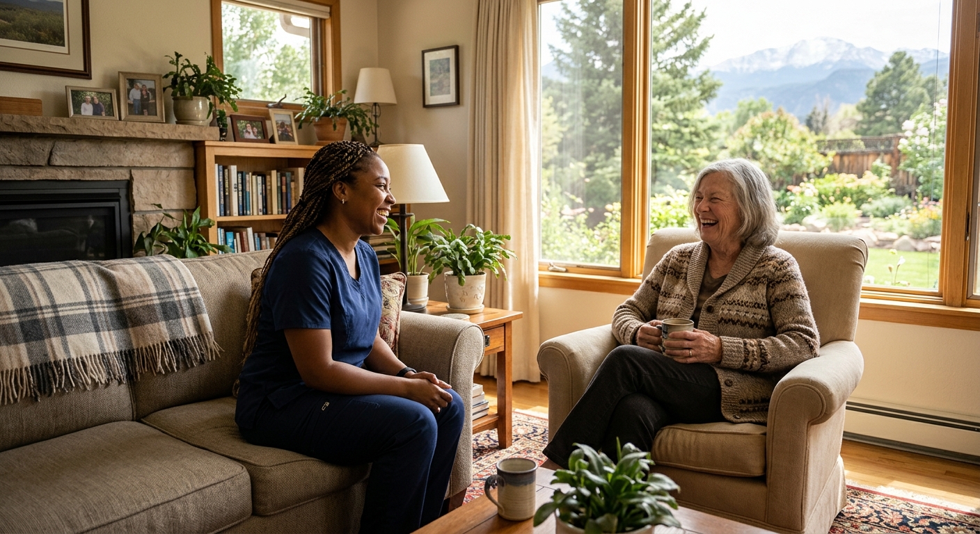 Older adult enjoying a friendly conversation with a companion at home